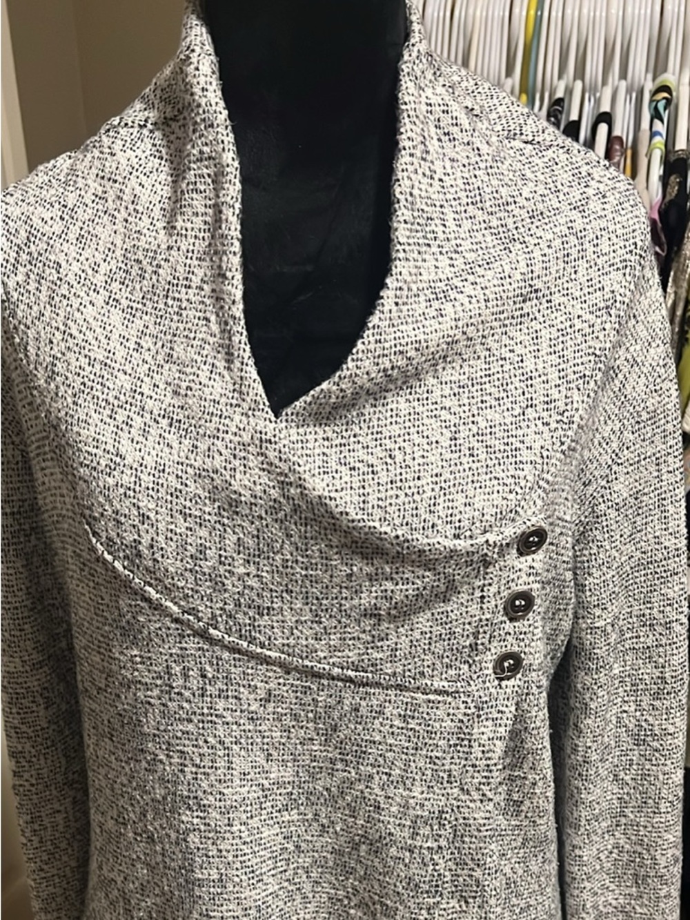 Women's Heather Gray Cowl-Neck Wrap Sweater Jacket with Button Detail
